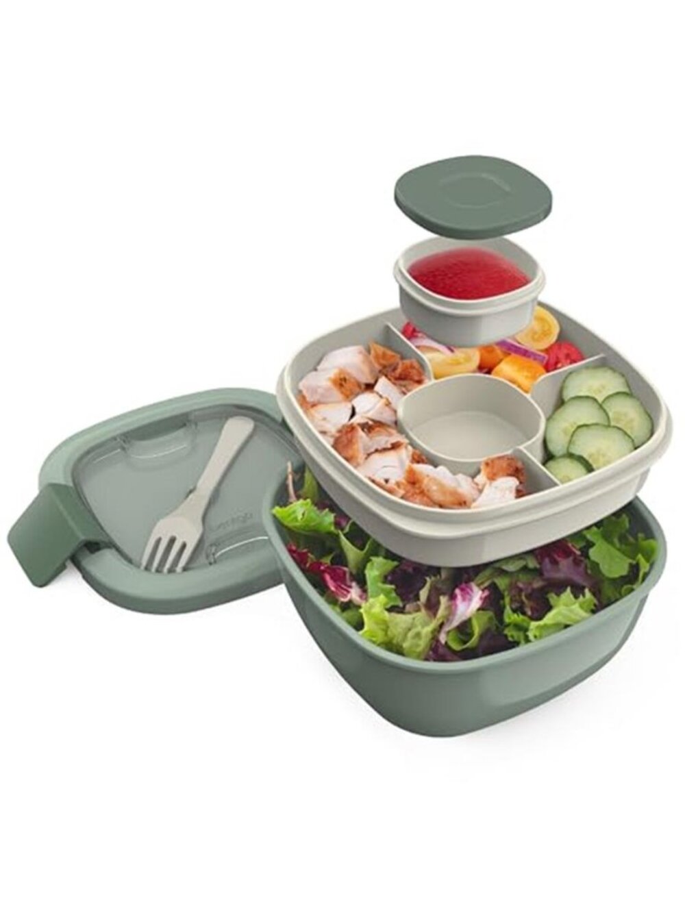 Salad Container - 54 oz Bowl with 4-Compartment Toppings Tray, Leak-Proof